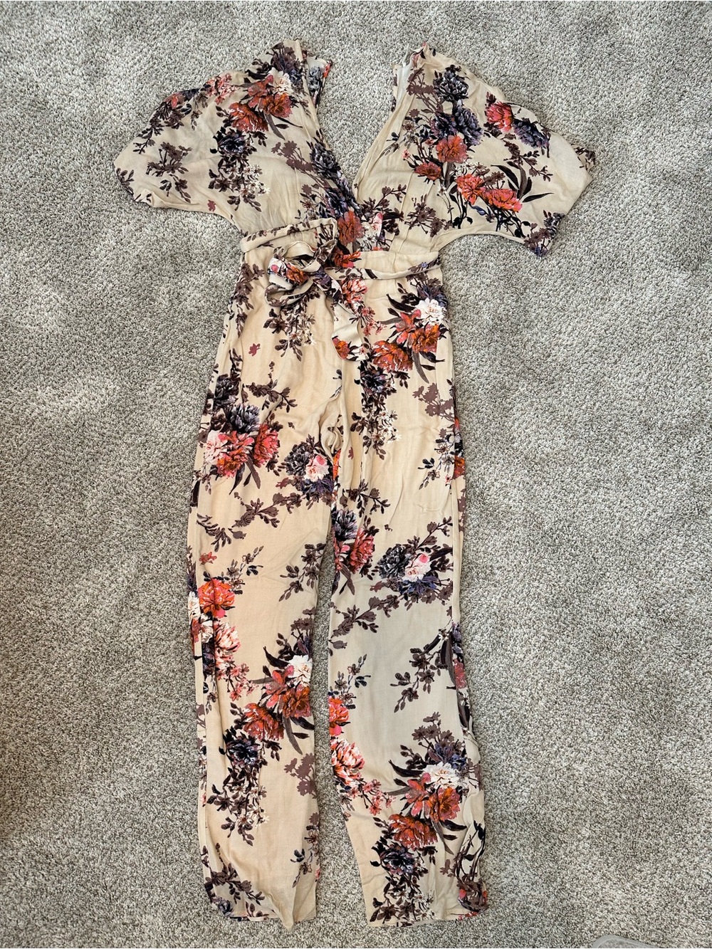 Honey Belle Beige Floral Tie-Waist Jumpsuit with Flutter Sleeves